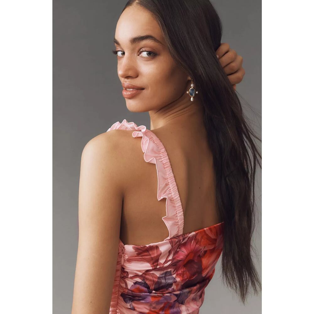 BHLDN Callie Sleeveless Ruched Printed Charmeuse pink Midi Dress - Picture 3 of 11